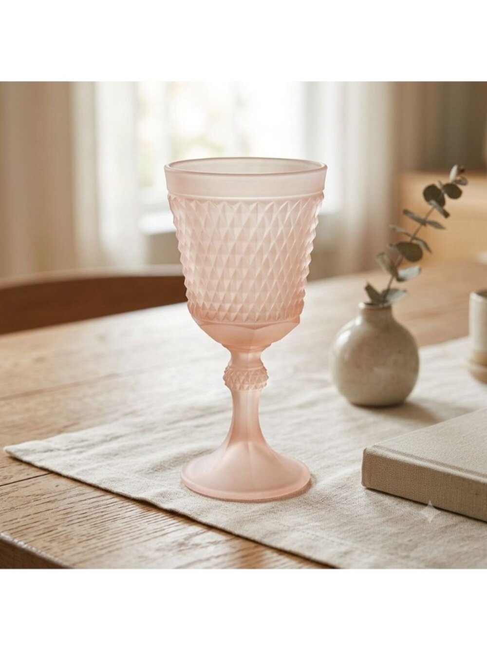Indiana Glass Diamond Point Frosted Pink Satin Glass Pedestal Goblet 7.5"